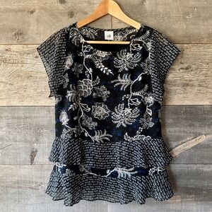 Cabi Womens Floral Print Tiered Ruffle Hybrid Blouse S‎ Black Sheer Sleeves 5355